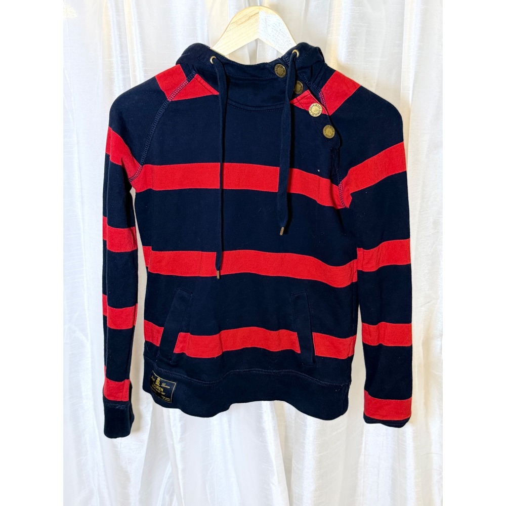 Lauren Ralph Lauren Hoodie Womens Small Navy Red Striped Button Neck Sweatshirt